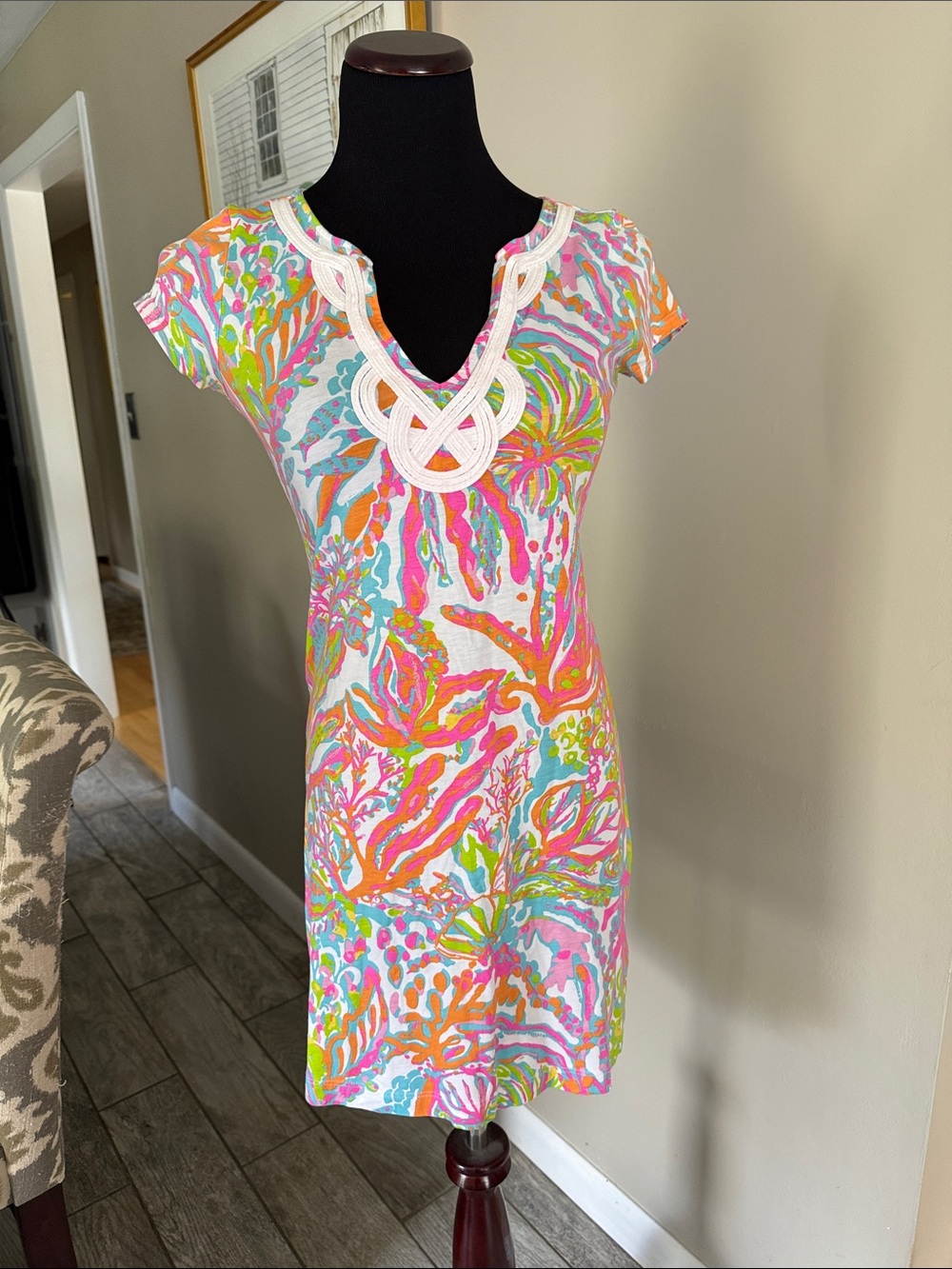 Lilly Pulitzer Multicolor Coral Pink Aqua Green V-Neck Knit Mini Dress
